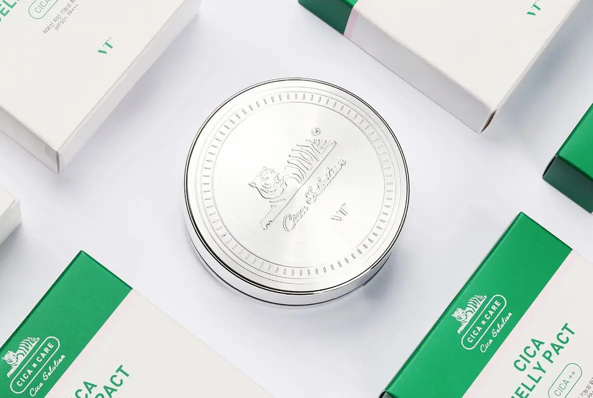 Silver compact case with embossed tiger design in VT Cosmetics collection